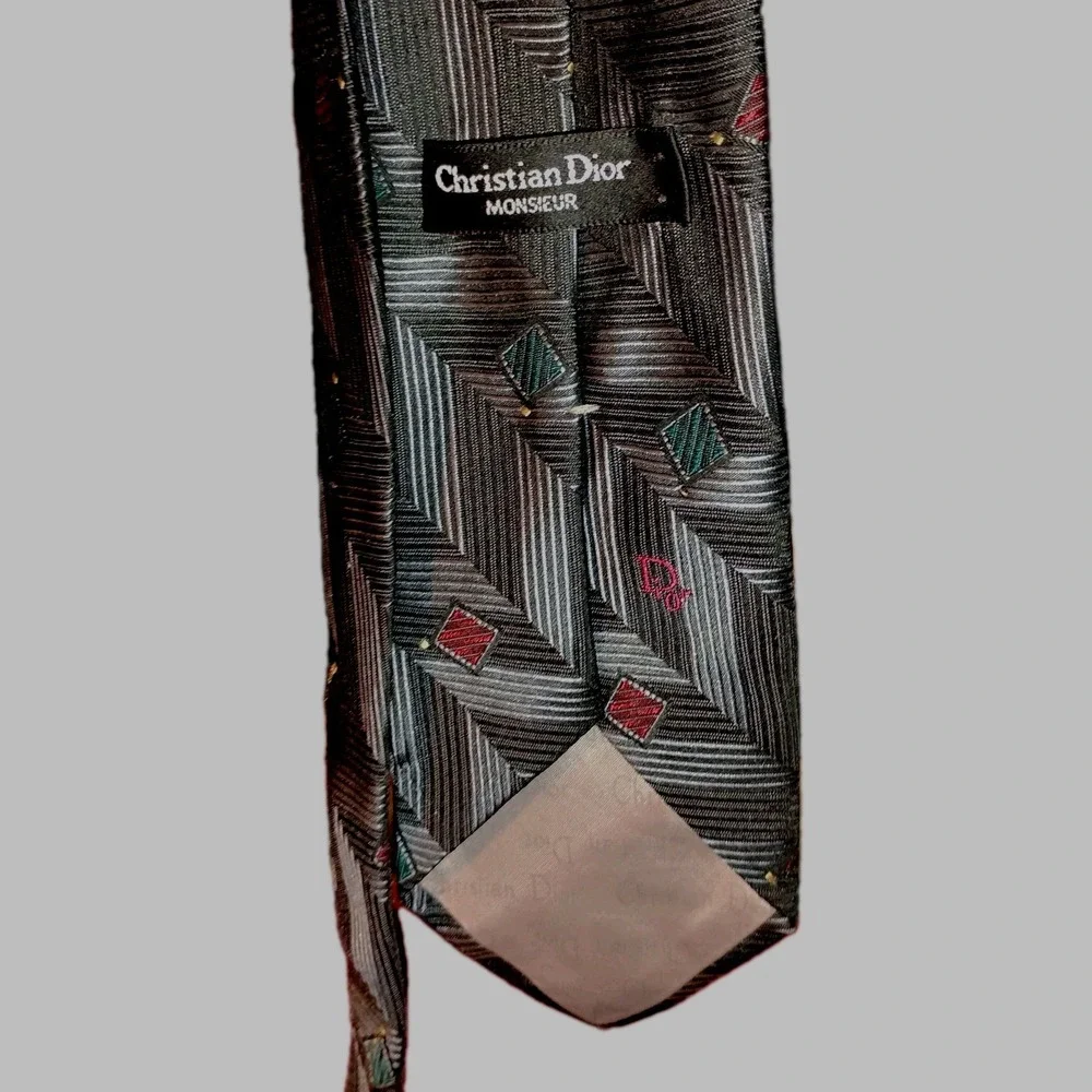 Christian Dior MONSIEUR Neck Tie Geometric Gray Matte Metal Tone Red Green Boxes